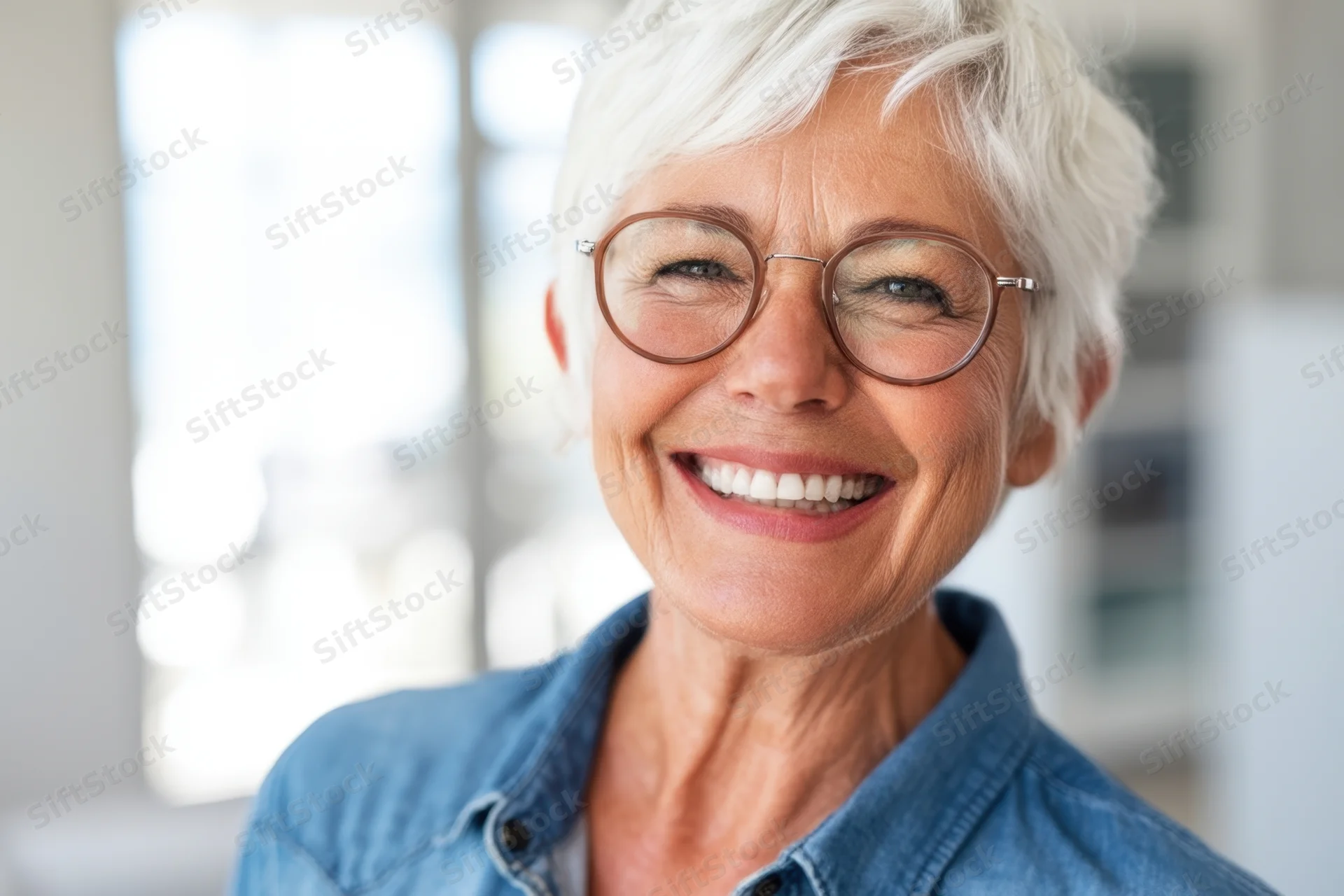 Smiling senior woman with short white hair and round glasses wearing a blue denim shirt indoors