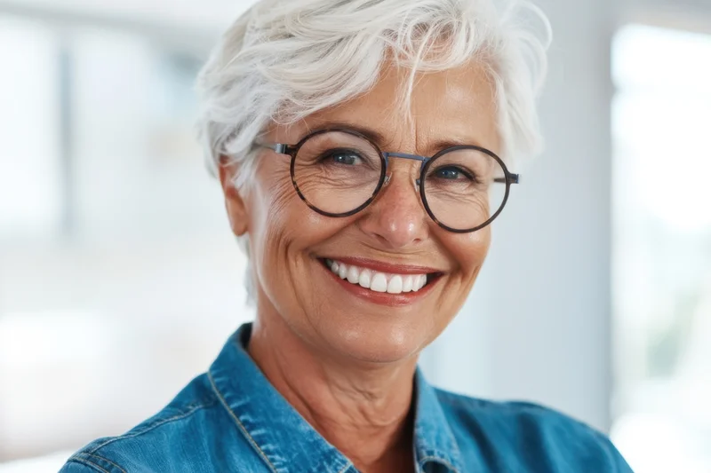 Smiling senior woman with short white hair and round glasses wearing denim shirt indoors