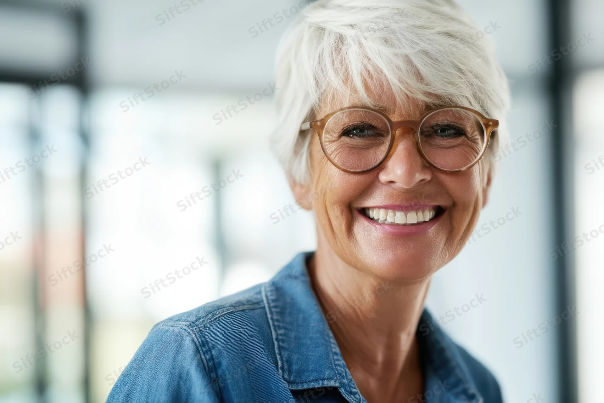 Smiling senior woman with short white hair and round glasses in a bright office setting