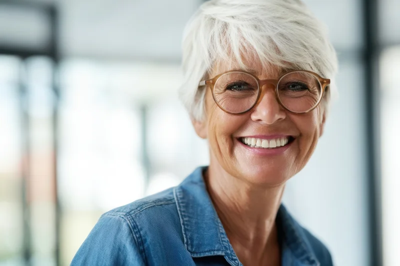 Smiling senior woman with short white hair and round glasses in a bright office setting