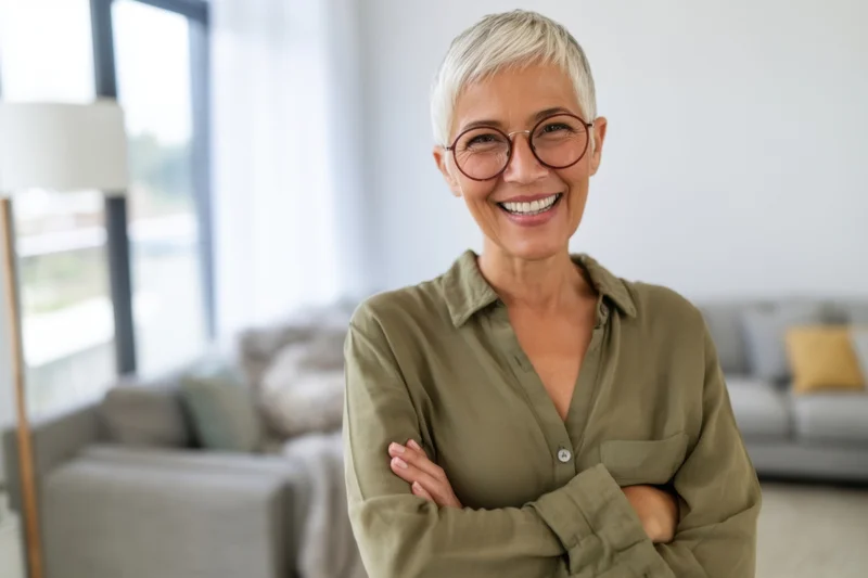 Smiling senior woman with short silver hair and round glasses standing with arms crossed in a modern living room