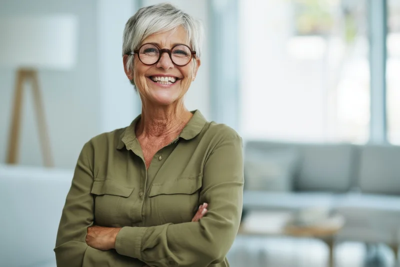 Smiling senior woman with arms crossed in a bright living room