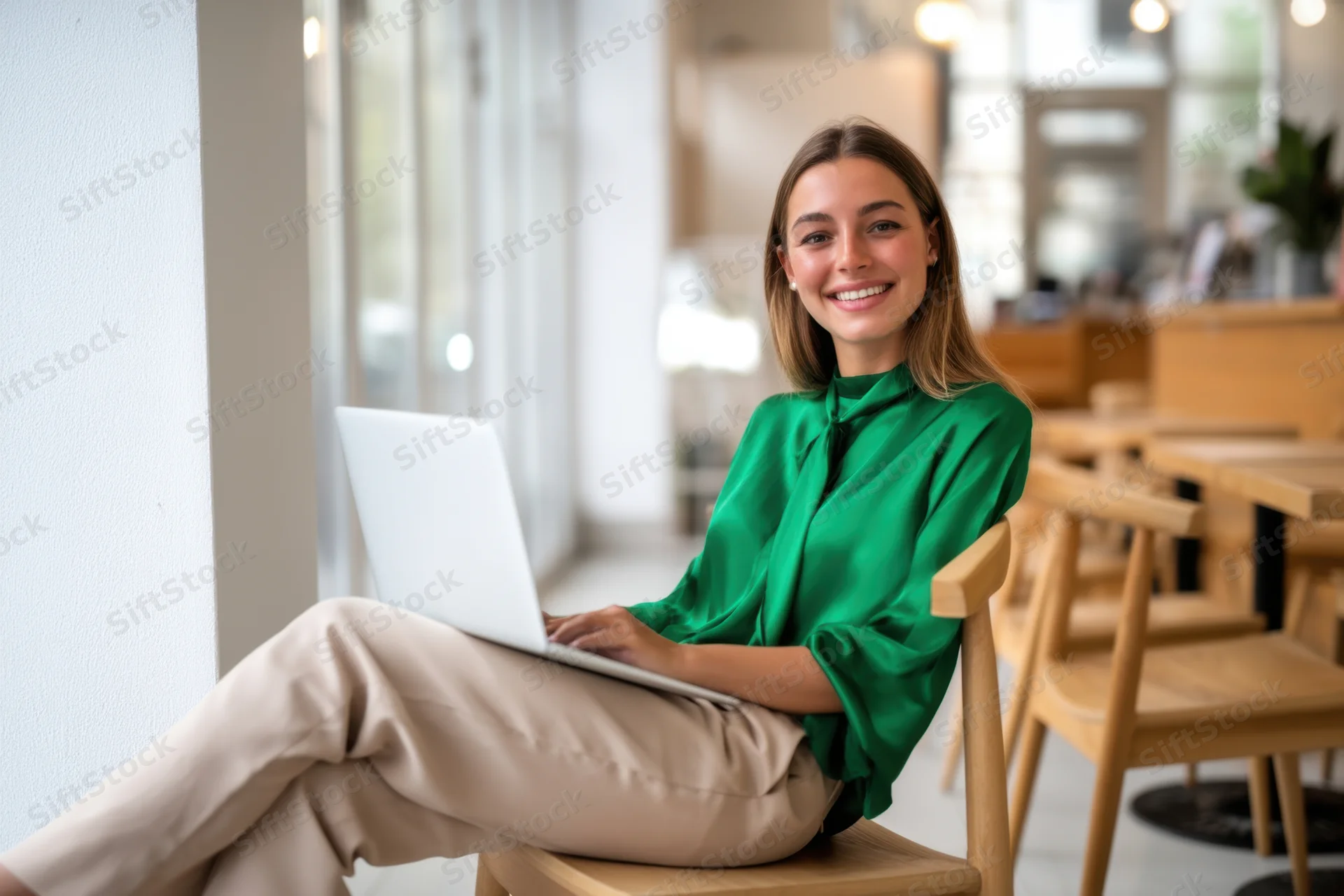 Woman smiling with laptop on lap in modern cafe interior