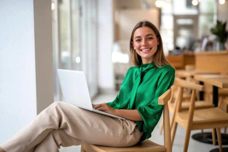 Woman smiling with laptop on lap in modern cafe interior