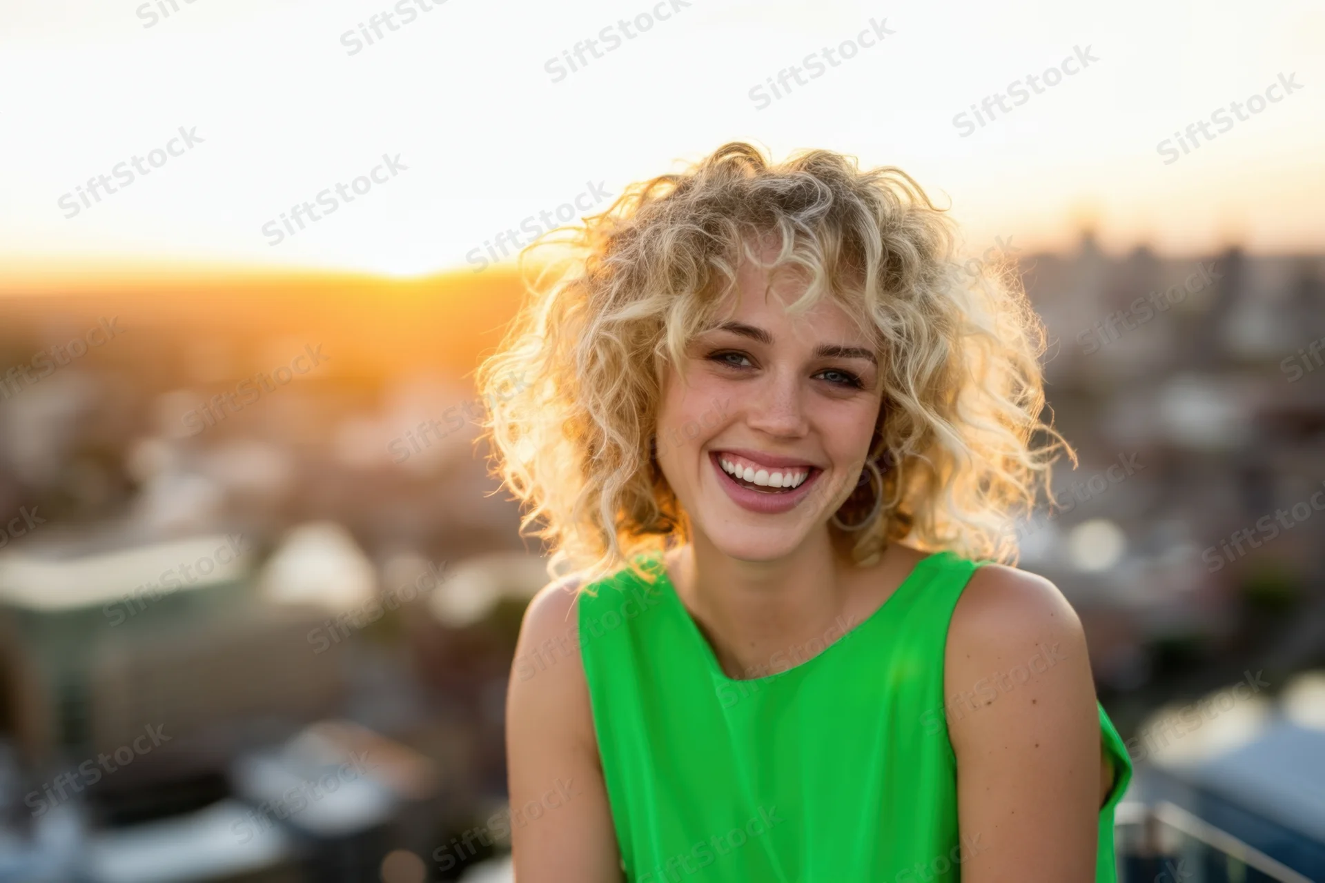 Smiling woman with curly blonde hair in green dress on rooftop at sunset