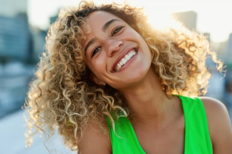 Smiling woman with curly blonde hair in a bright green tank top outdoors in sunlight