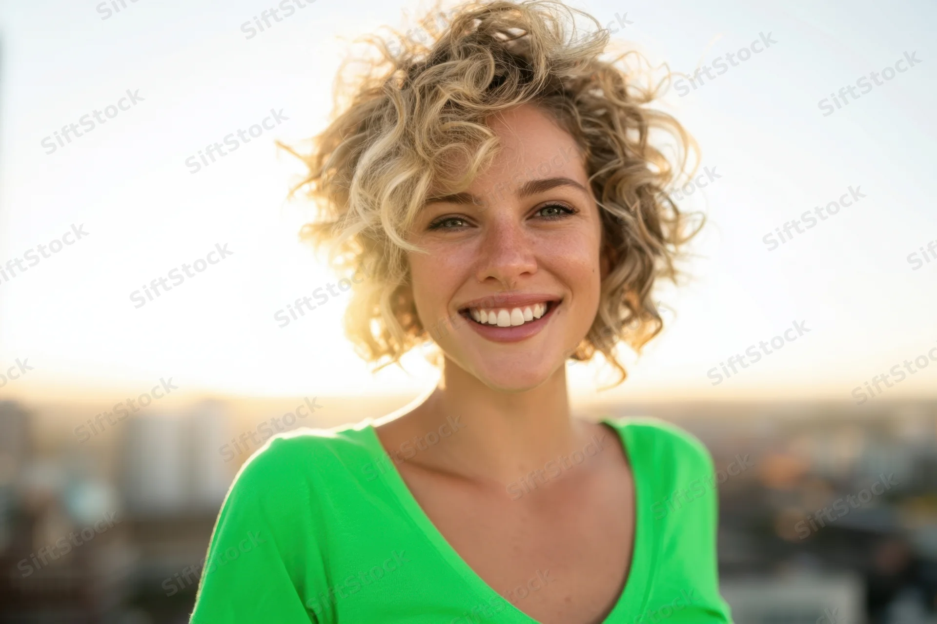 Smiling woman with curly blonde hair in a bright green shirt outdoors at sunset over cityscape