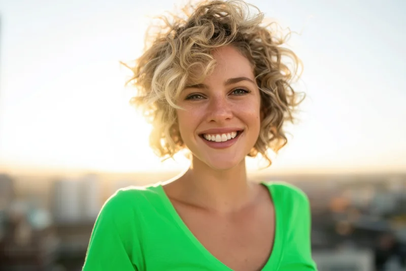 Smiling woman with curly blonde hair in a bright green shirt outdoors at sunset over cityscape