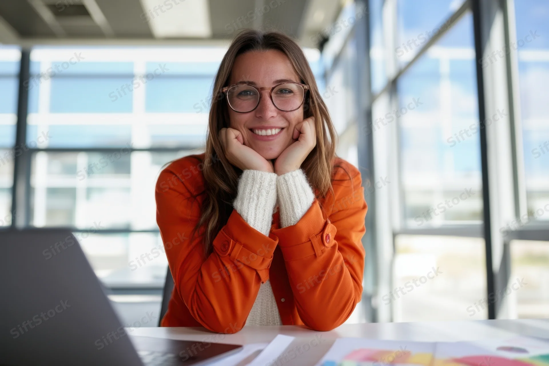 Woman smiling with hands under chin at office desk near laptop and documents