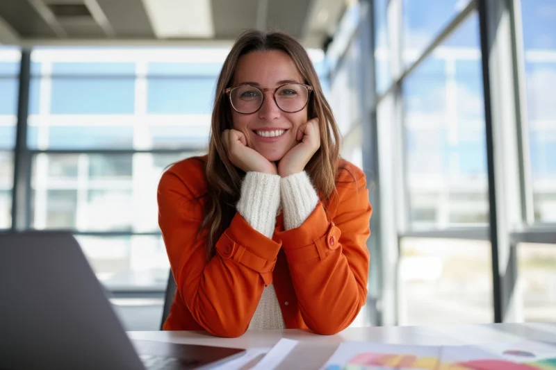 Woman smiling with hands under chin at office desk near laptop and documents