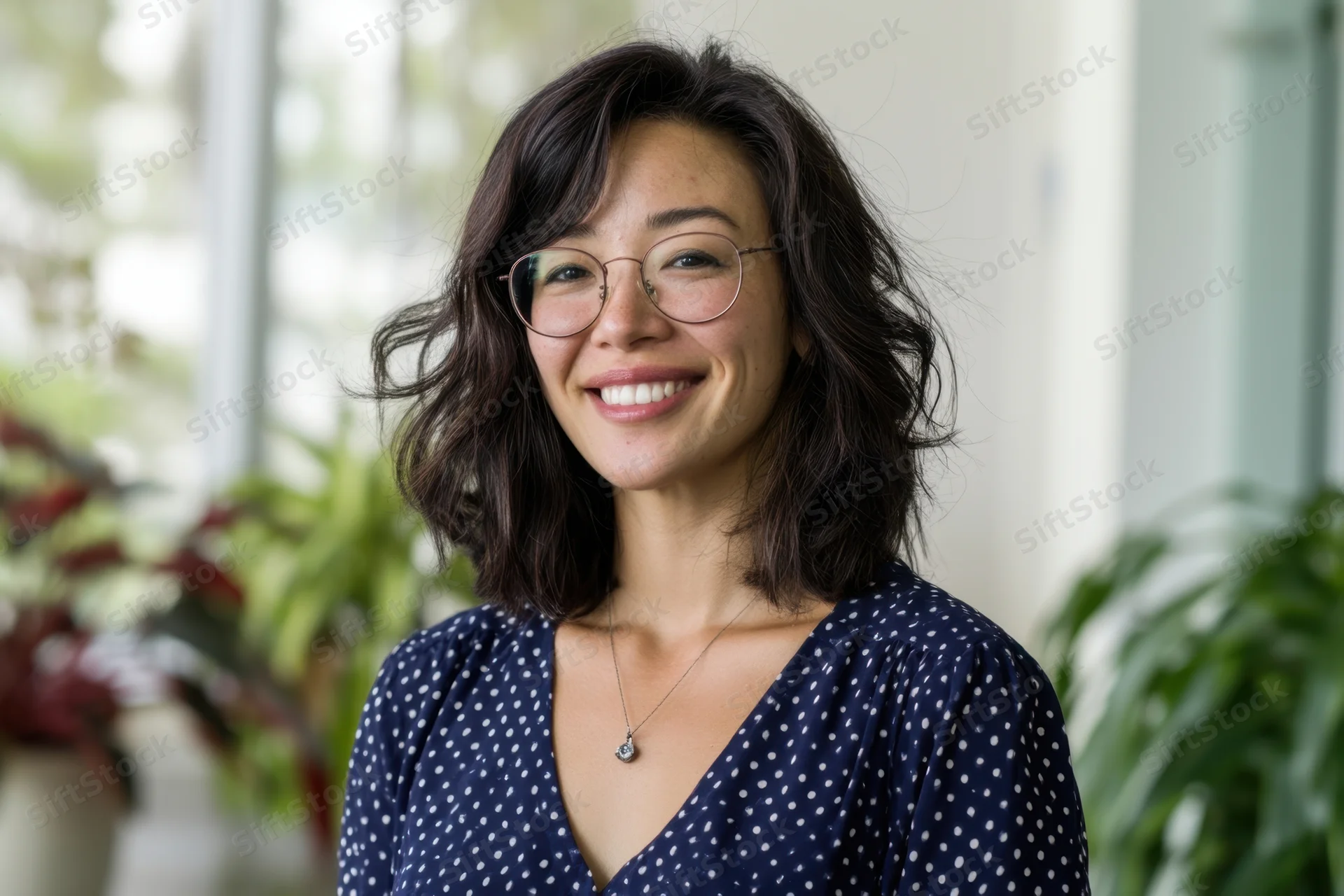 Smiling woman with round glasses and wavy dark hair in an indoor setting with plants