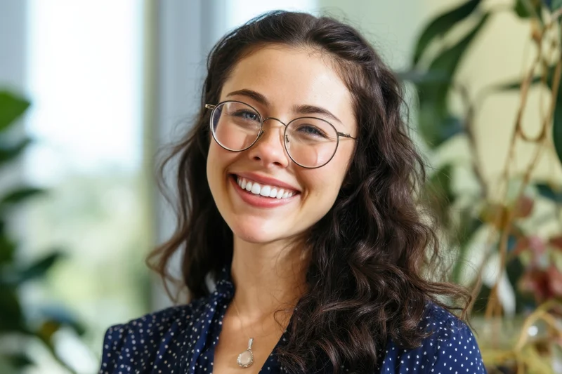 Smiling woman with round glasses and wavy dark hair in a bright indoor setting with green plants in the background