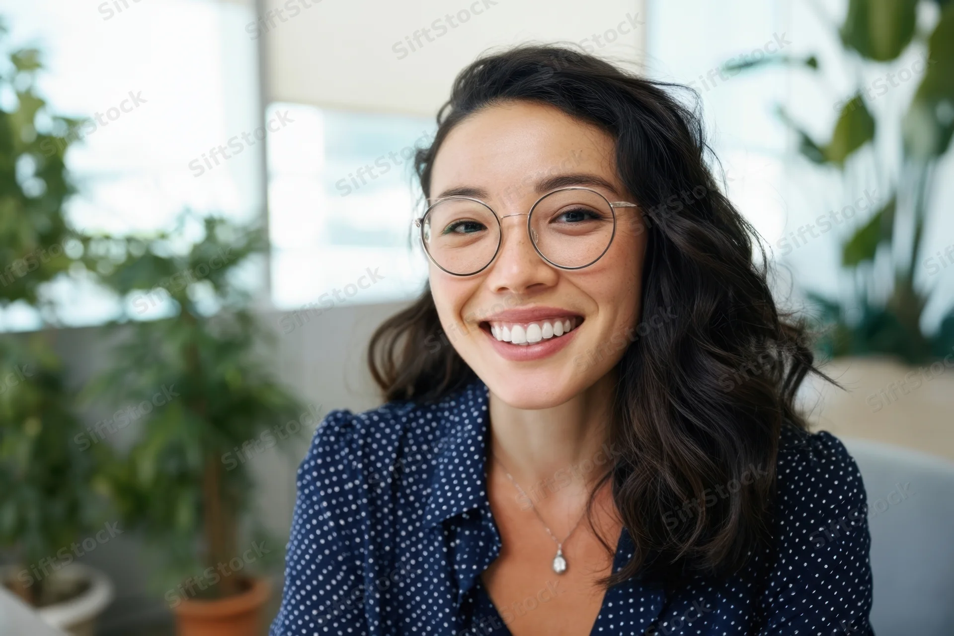 Smiling woman with round glasses and wavy dark hair in an office setting