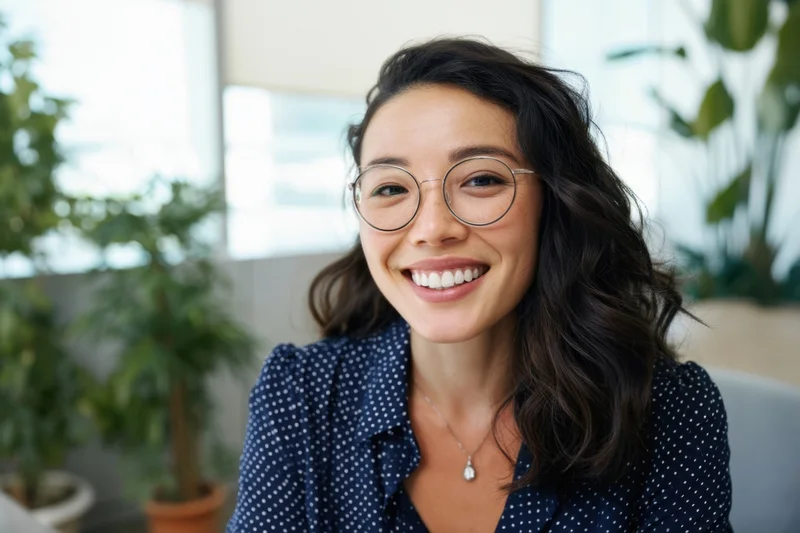 Smiling woman with round glasses and wavy dark hair in an office setting