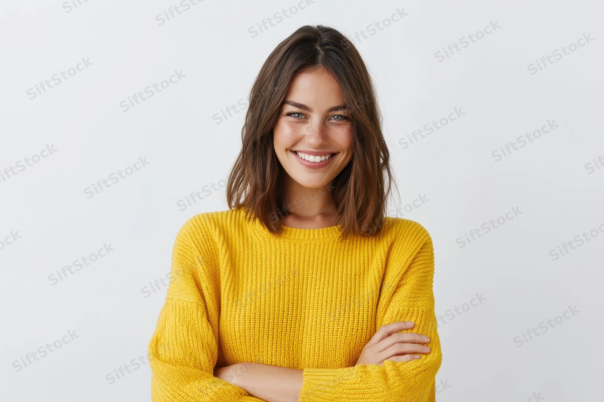 Woman smiling with arms crossed wearing yellow knit sweater in studio setting
