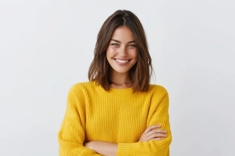 Woman smiling with arms crossed wearing yellow knit sweater in studio setting