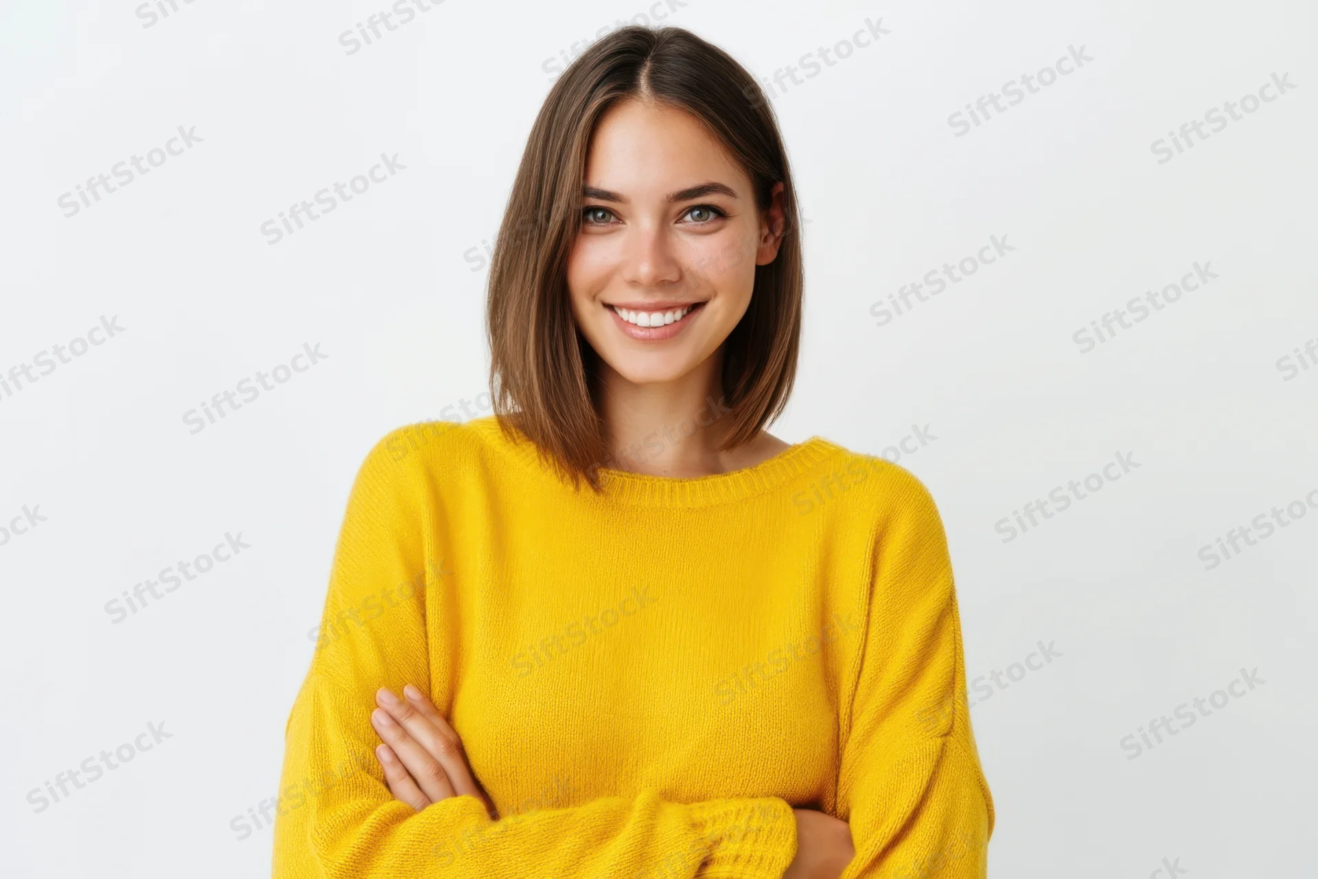 Woman smiling with arms crossed wearing yellow sweater in studio setting