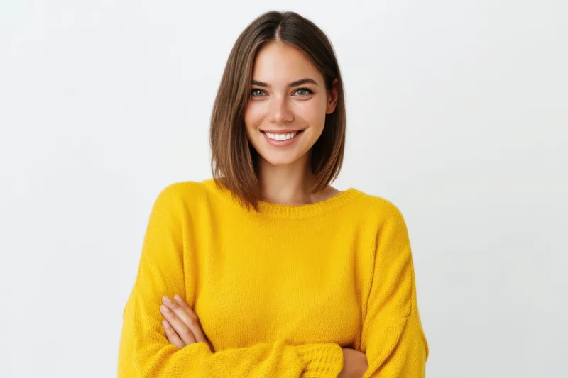 Woman smiling with arms crossed wearing yellow sweater in studio setting