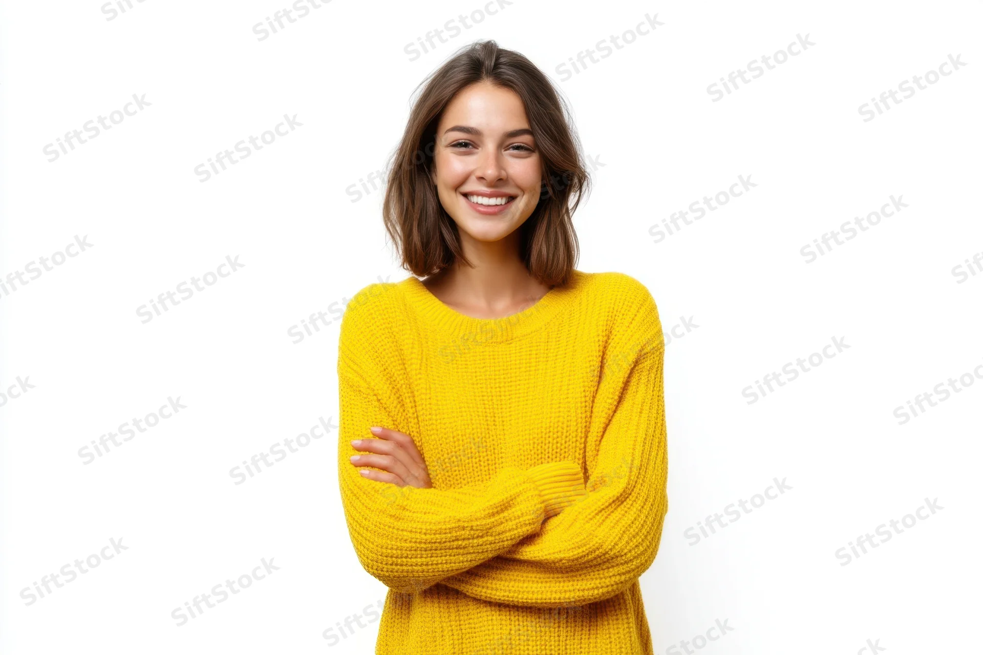 Woman smiling with arms crossed wearing yellow knit sweater in studio against white background
