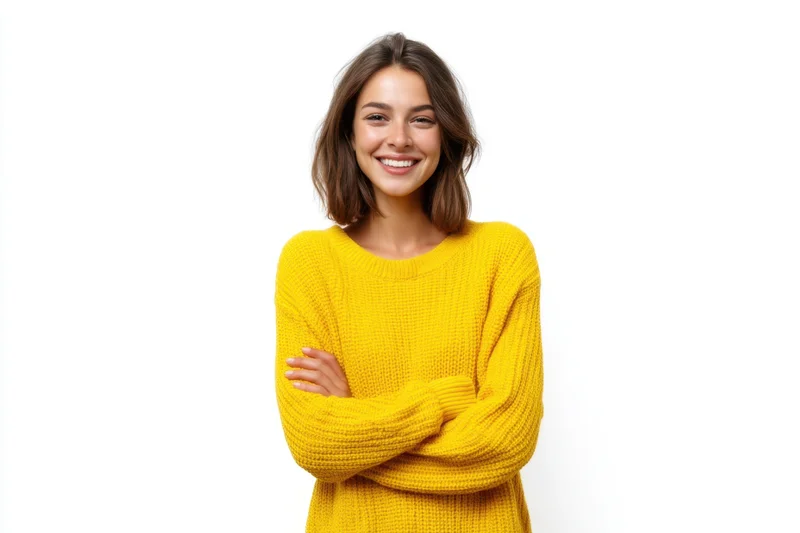 Woman smiling with arms crossed wearing yellow knit sweater in studio against white background