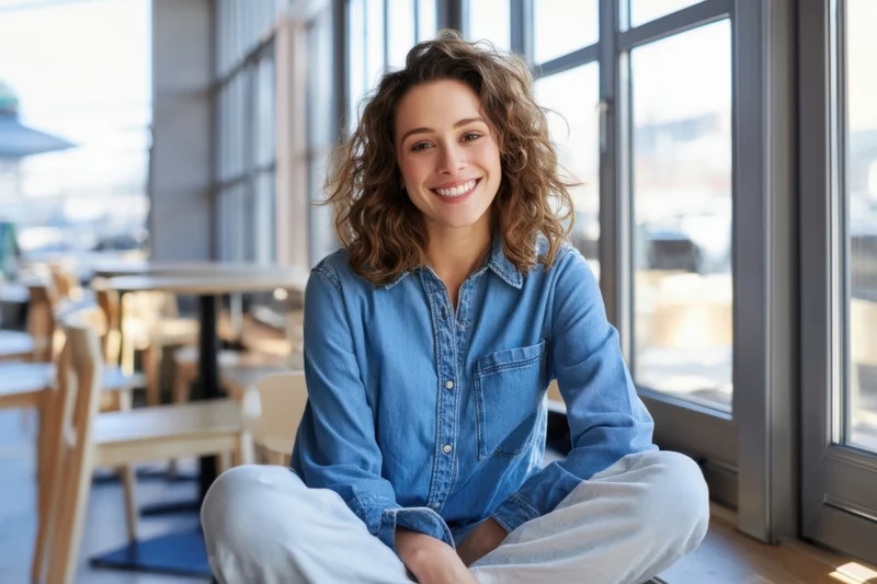 Woman smiling while sitting cross-legged on floor in cafe interior near window