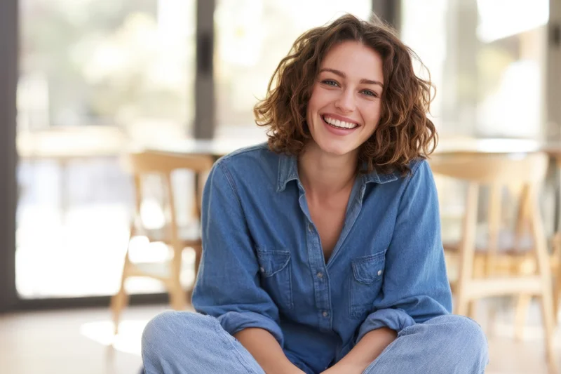Woman smiling while sitting cross-legged in a cafe interior