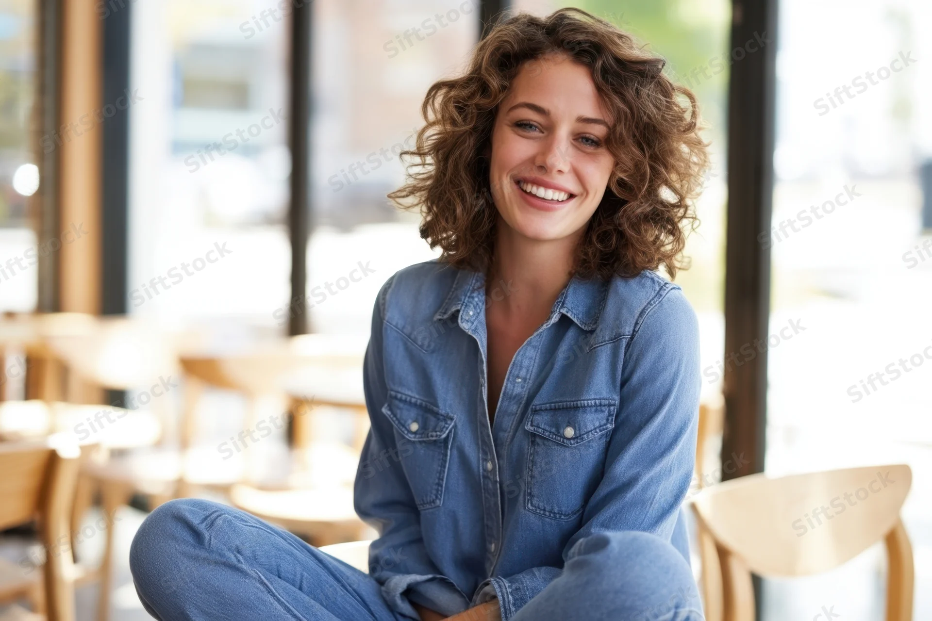 Woman smiling while seated in a cafe wearing denim shirt and jeans
