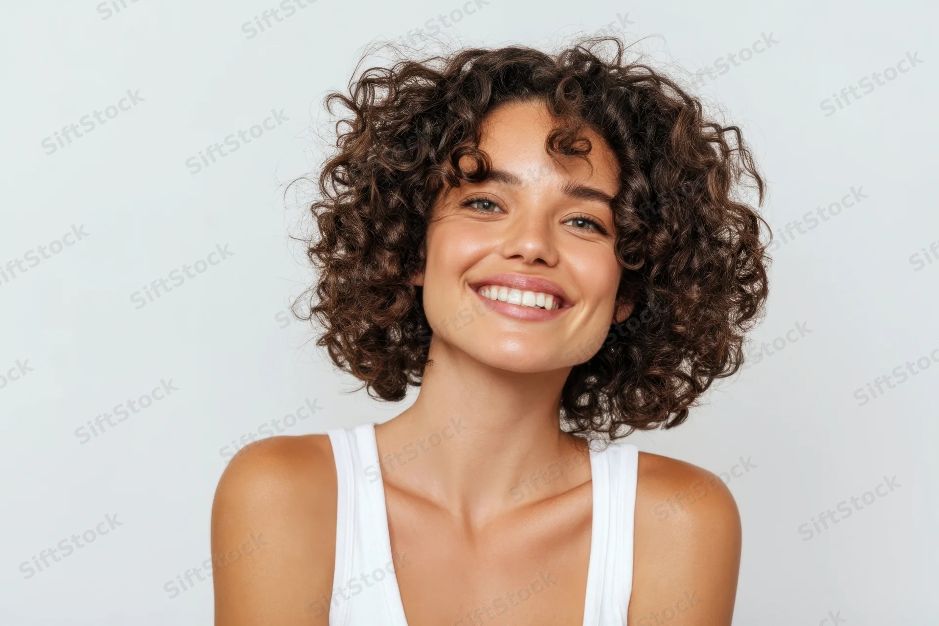 Smiling woman with voluminous curly hair in white tank top against light background