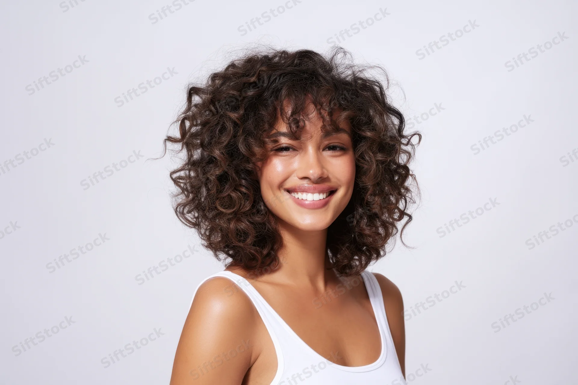 Smiling woman with voluminous curly hair in white tank top against plain background