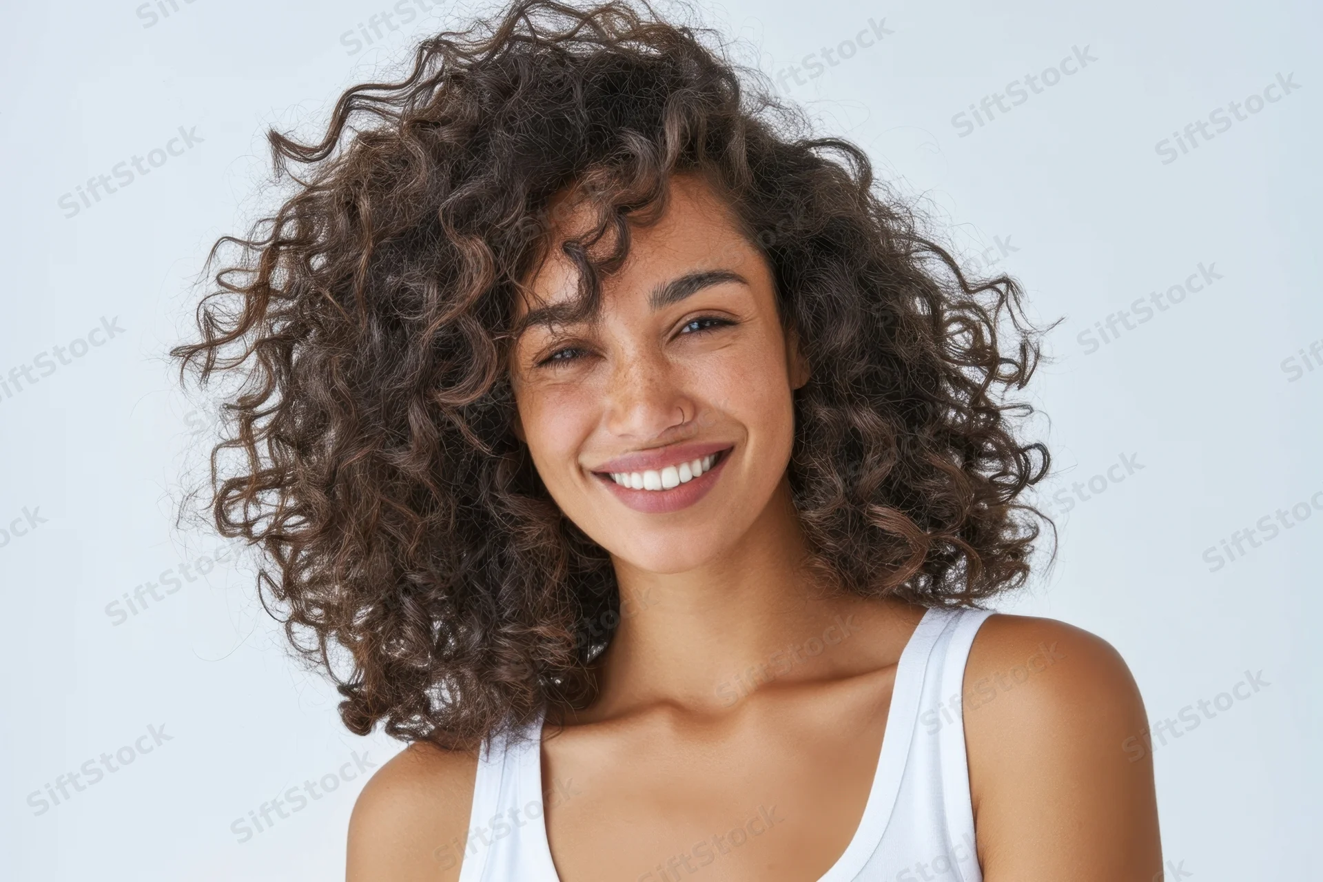Smiling woman with voluminous curly hair in white tank top against light background