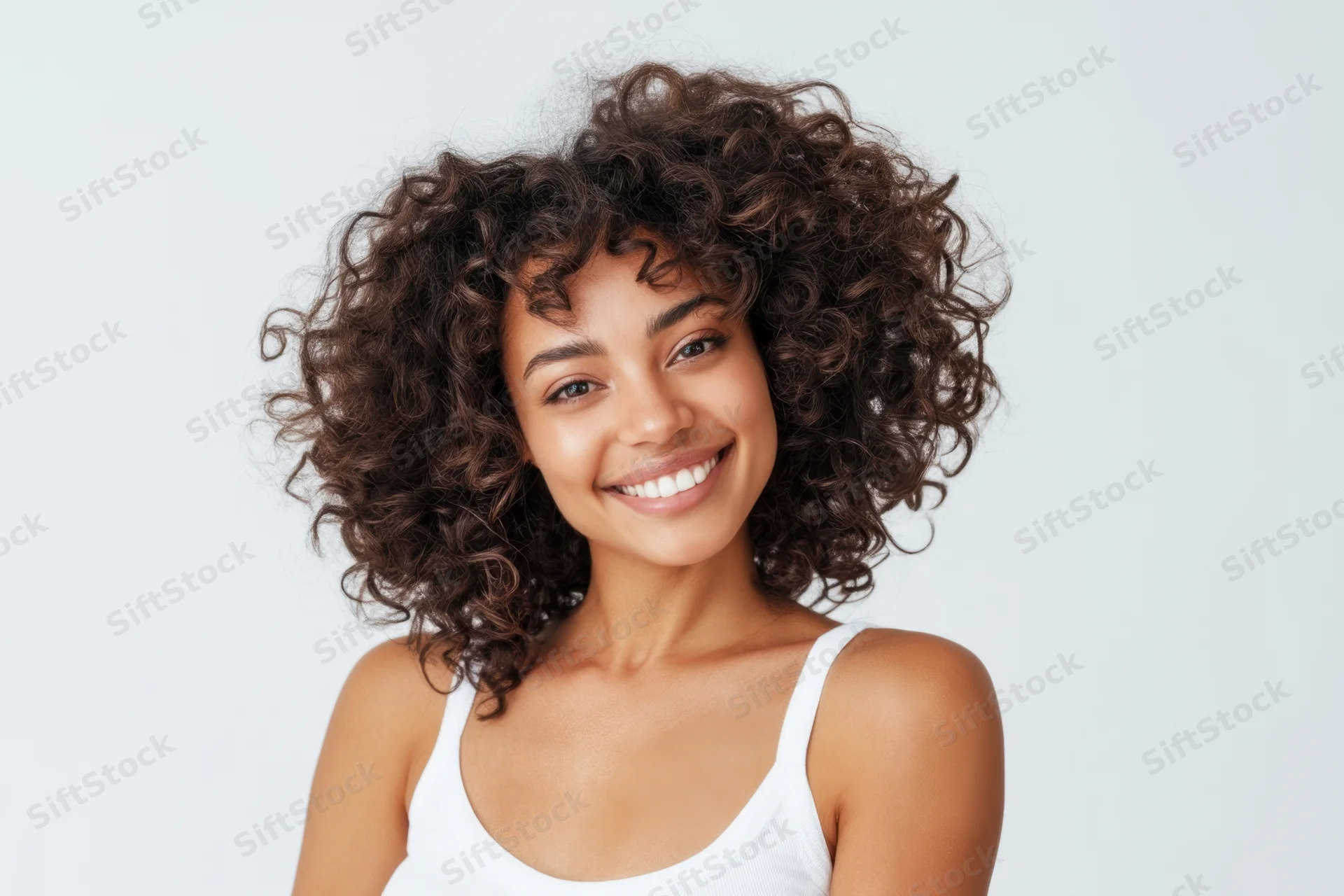 Smiling woman with voluminous curly hair in white tank top against plain background