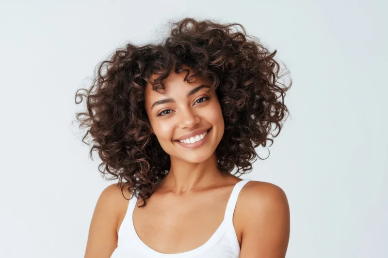 Smiling woman with voluminous curly hair in white tank top against plain background