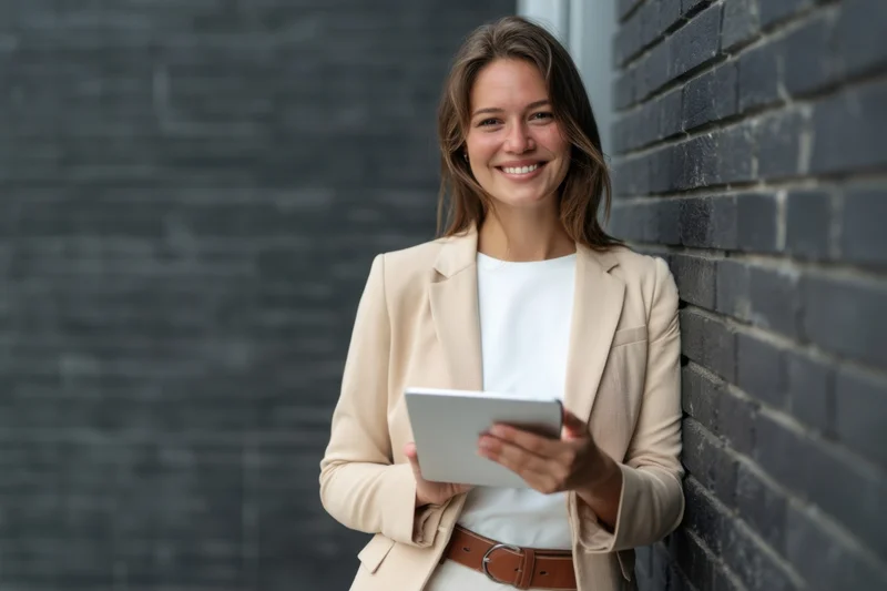 Young woman smiling while holding tablet against dark brick wall outdoors