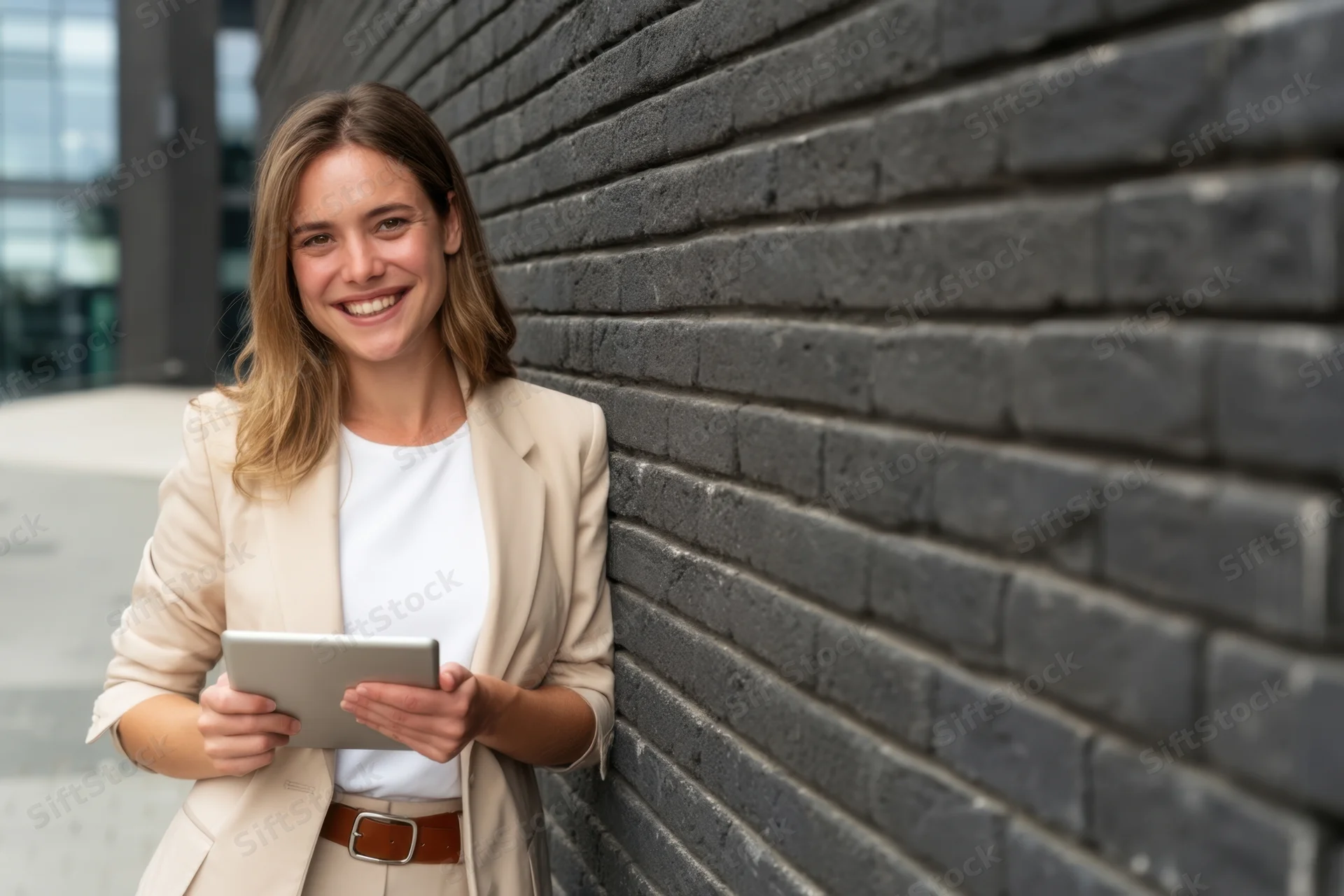Young woman smiling while holding tablet beside dark brick wall outdoors