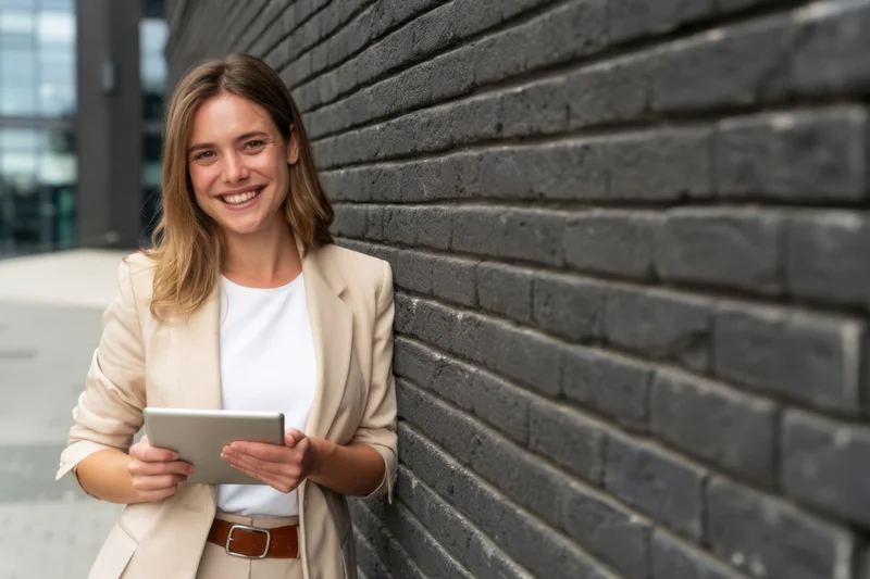 Young woman smiling while holding tablet beside dark brick wall outdoors