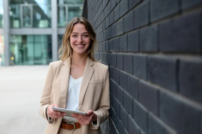 Young woman smiling while holding tablet beside dark brick wall outside modern office building