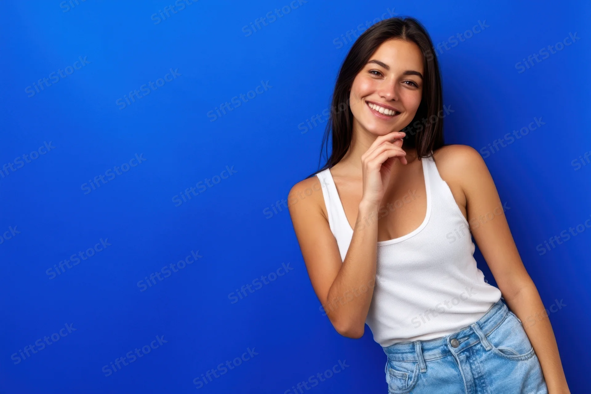 Young woman smiling with hand near chin against blue background