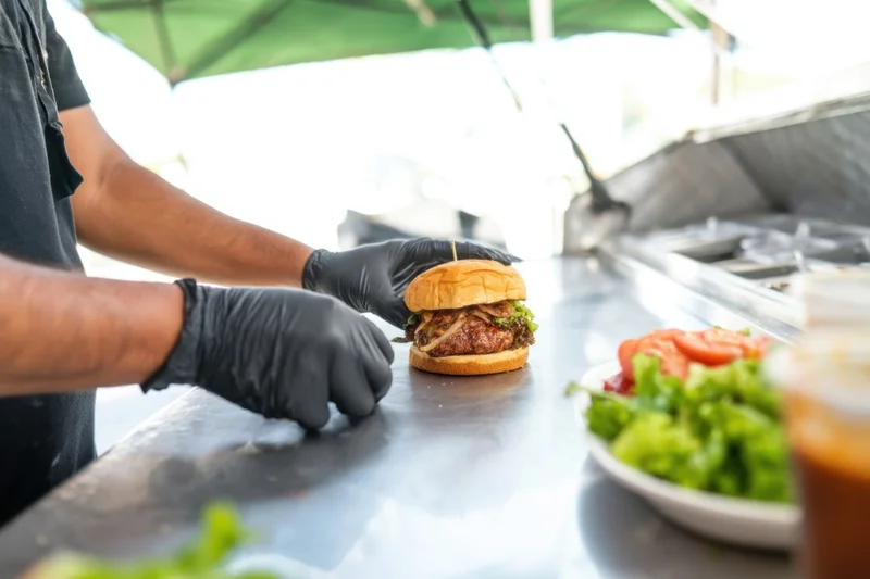 Chef assembling burger on stainless steel counter outdoors