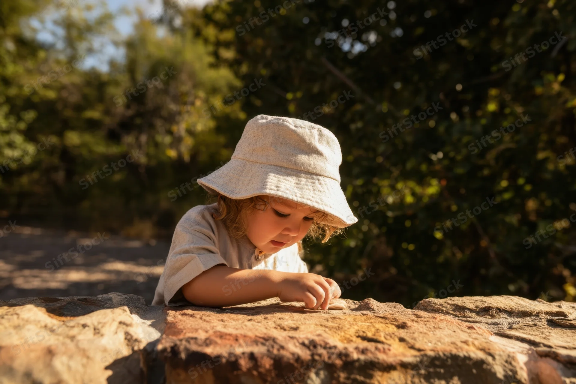 Young girl in beige bucket hat concentrating on stone wall outdoors