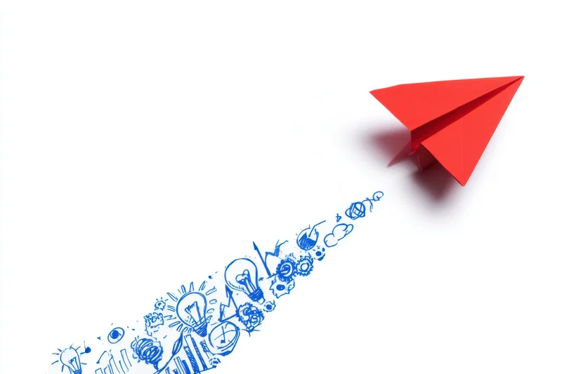 Red origami paper airplane flying forward leaving a trail of blue innovation icons on white background