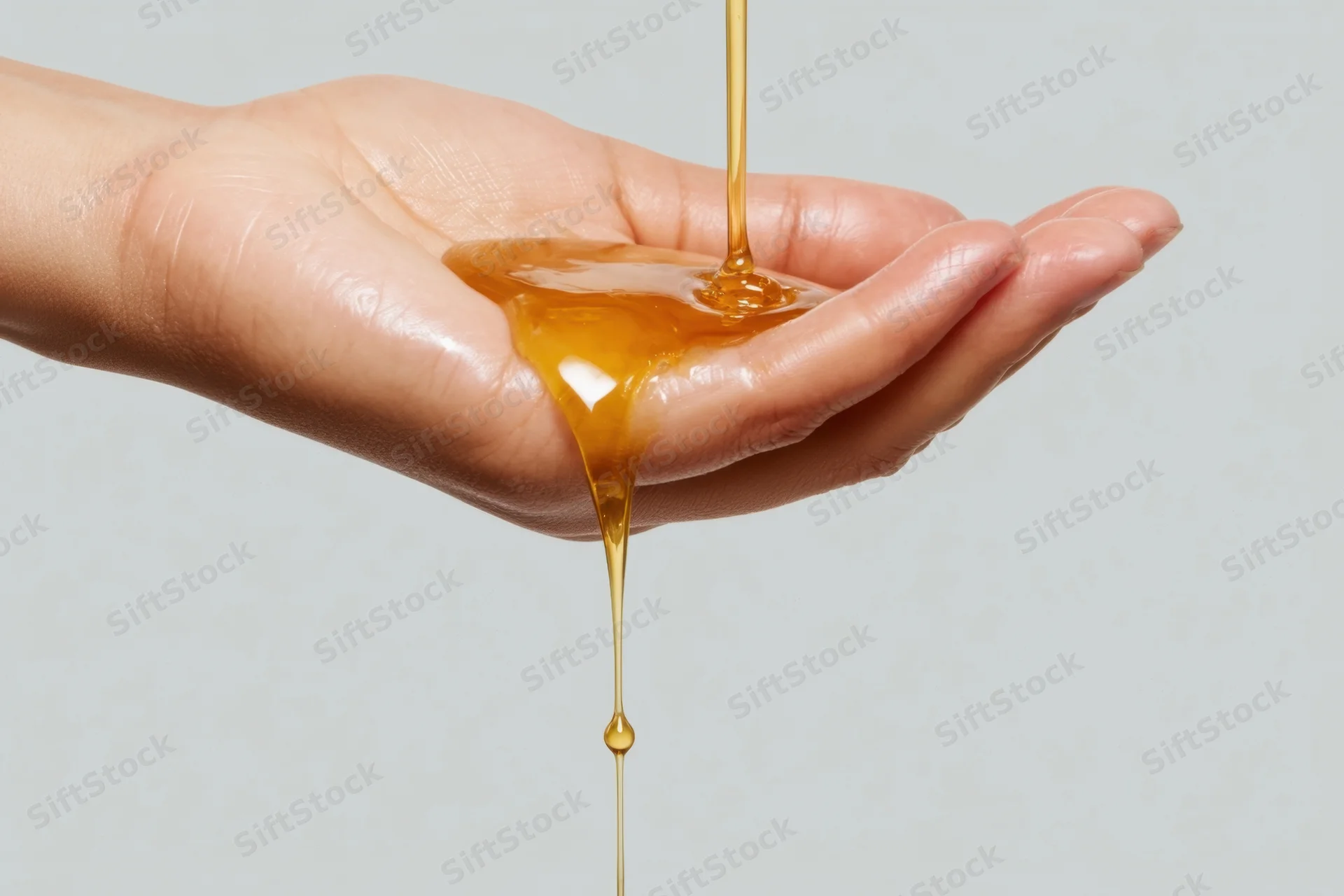 Hand under stream of honey dripping against plain background