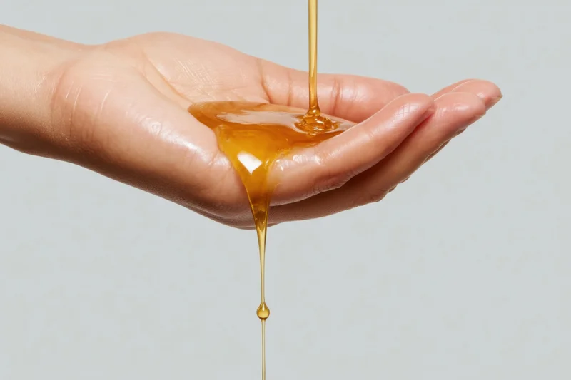 Hand under stream of honey dripping against plain background