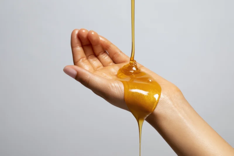 Woman's hand receiving a stream of golden honey against a plain background