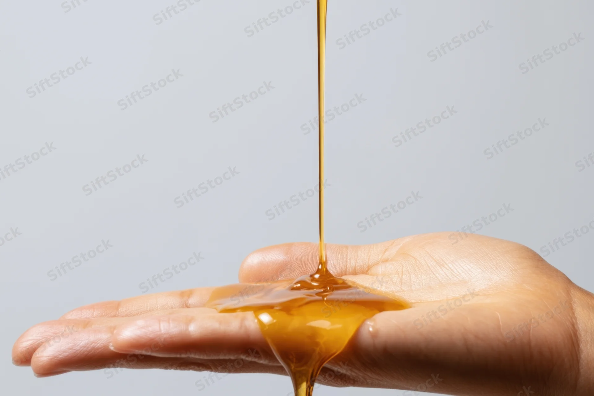 Honey pouring into an open hand against a plain white background