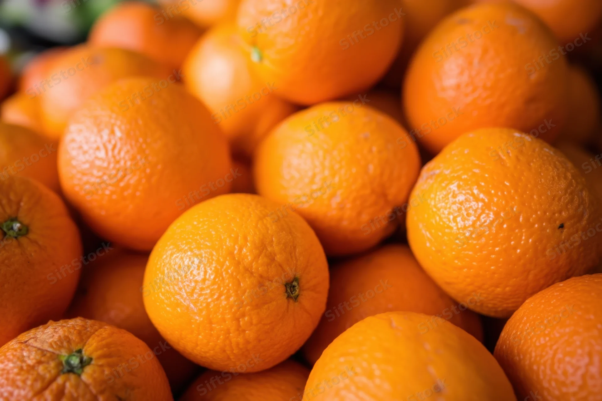 Close-up of a pile of ripe oranges with textured peels in a market display