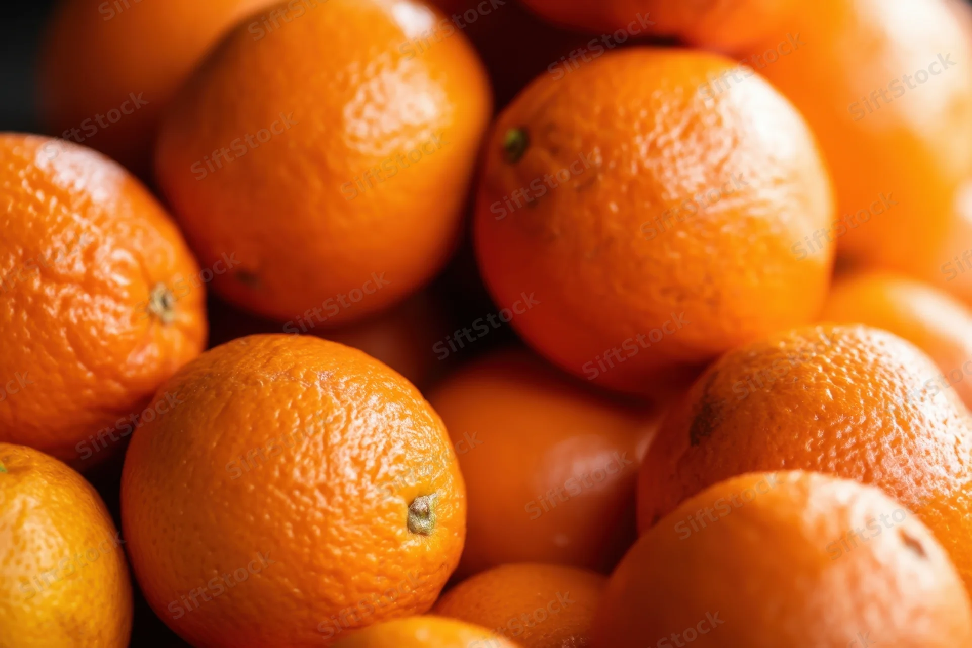 Close-up of a pile of ripe oranges with textured peels and vibrant orange color