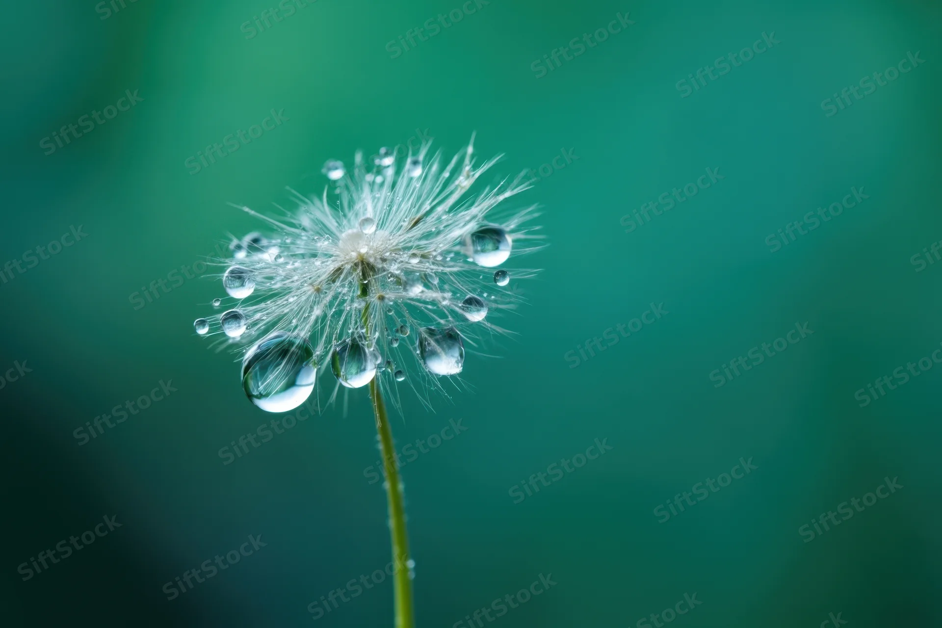 Close-up of a dandelion seed head with water droplets on a green background