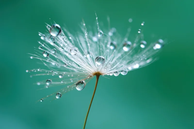 Close-up of a dandelion seed head with water droplets on its filaments against a green background