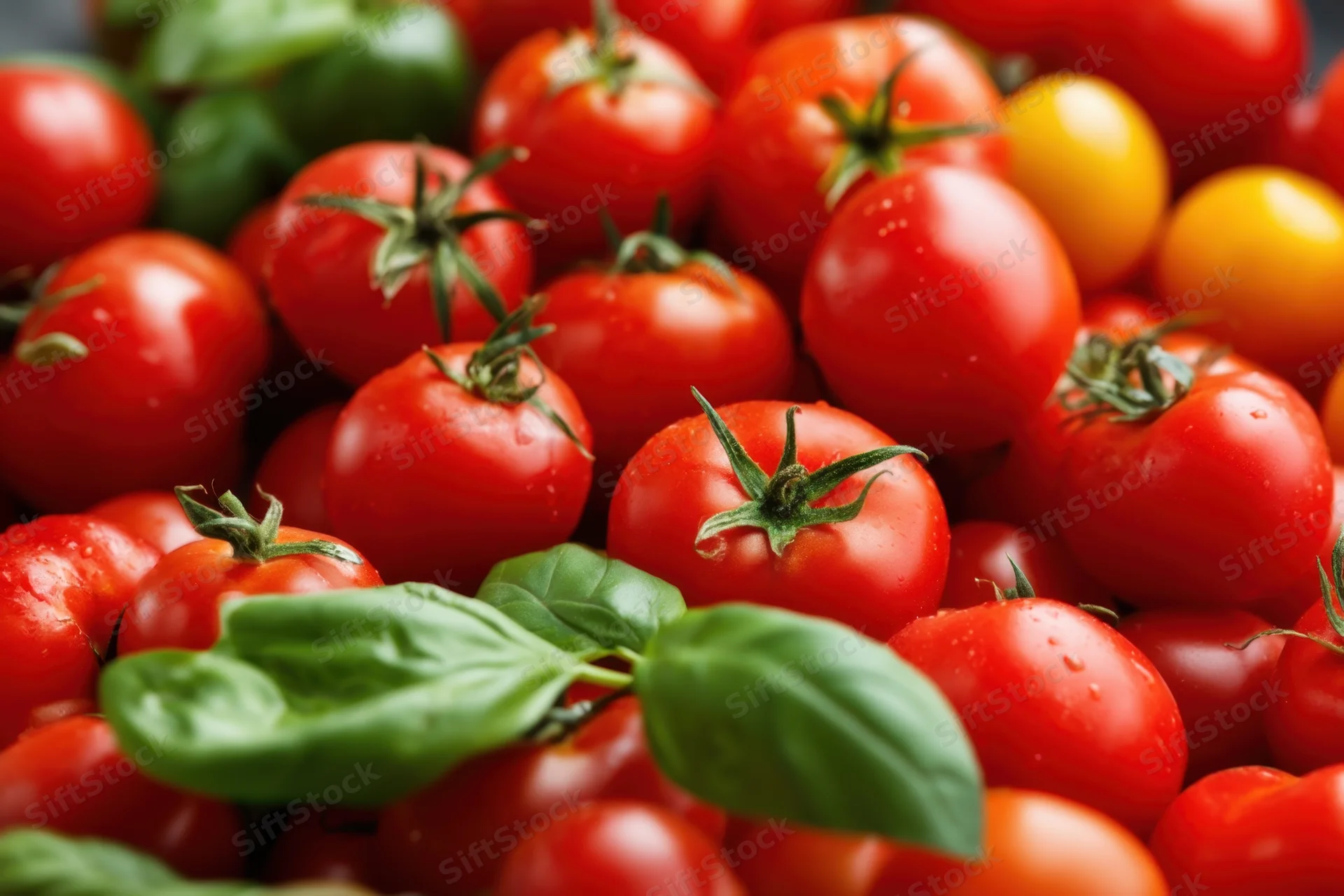 Close-up of ripe red cherry tomatoes with green basil leaves in a heap