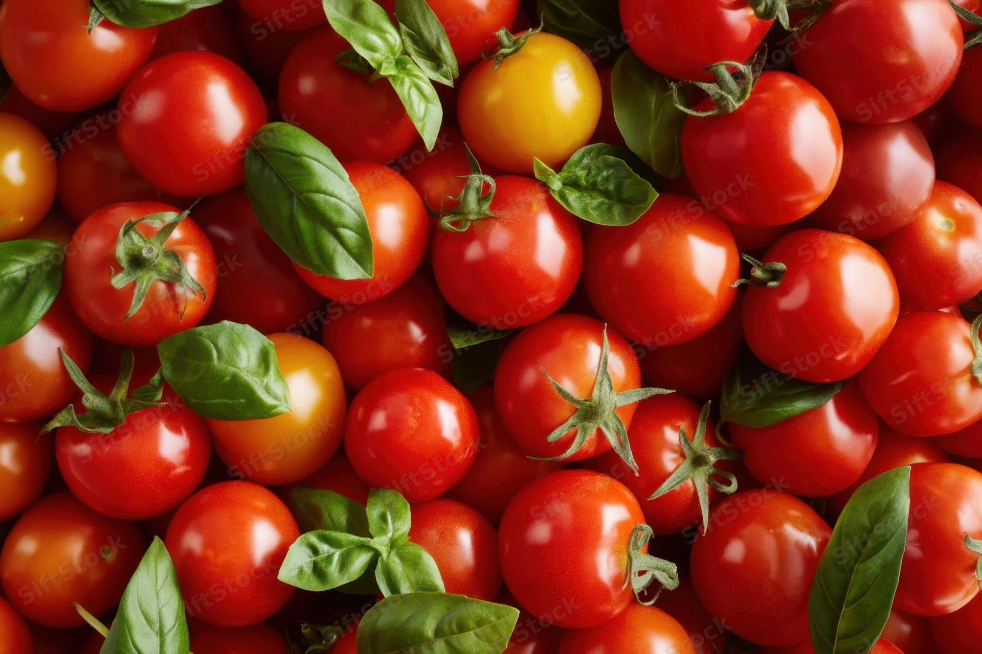 Close-up of ripe red cherry tomatoes with green basil leaves scattered throughout